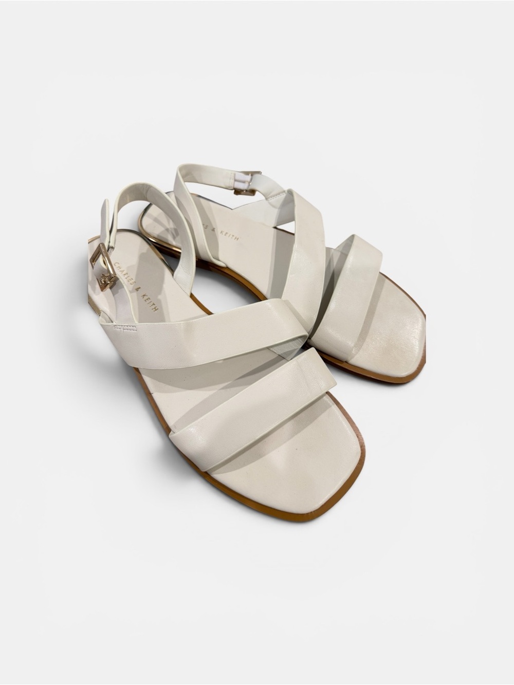 Charles & Keith White Strappy Girls' Sandals with Gold Logo